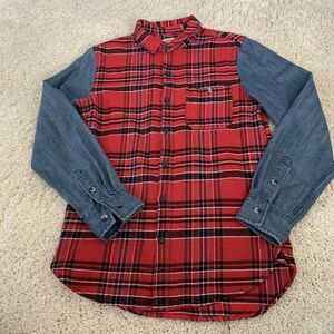 Modern Amusement Shirt Mens Size Small Casual Red Woven Plaid And Denim